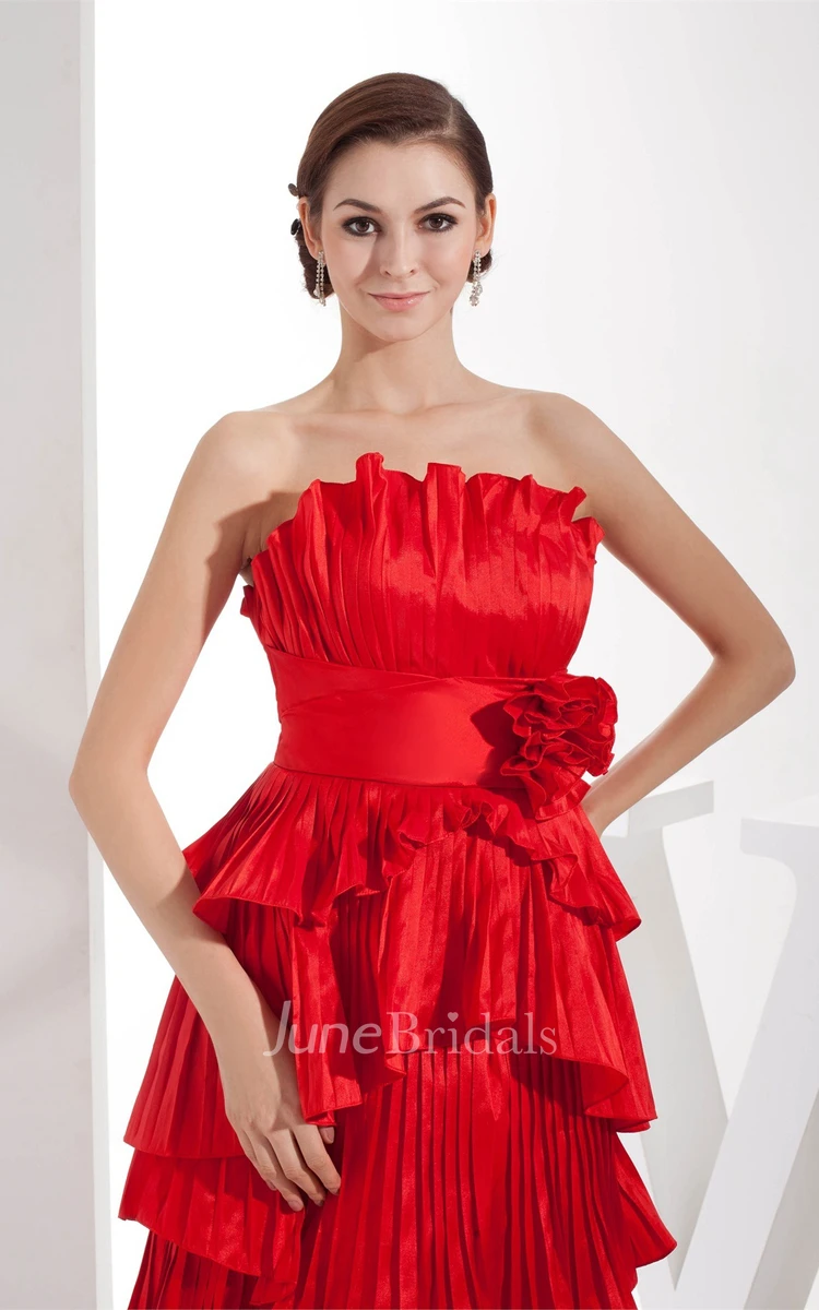 Flamboyant Strapless Tiered Dress with Pleats and Flower