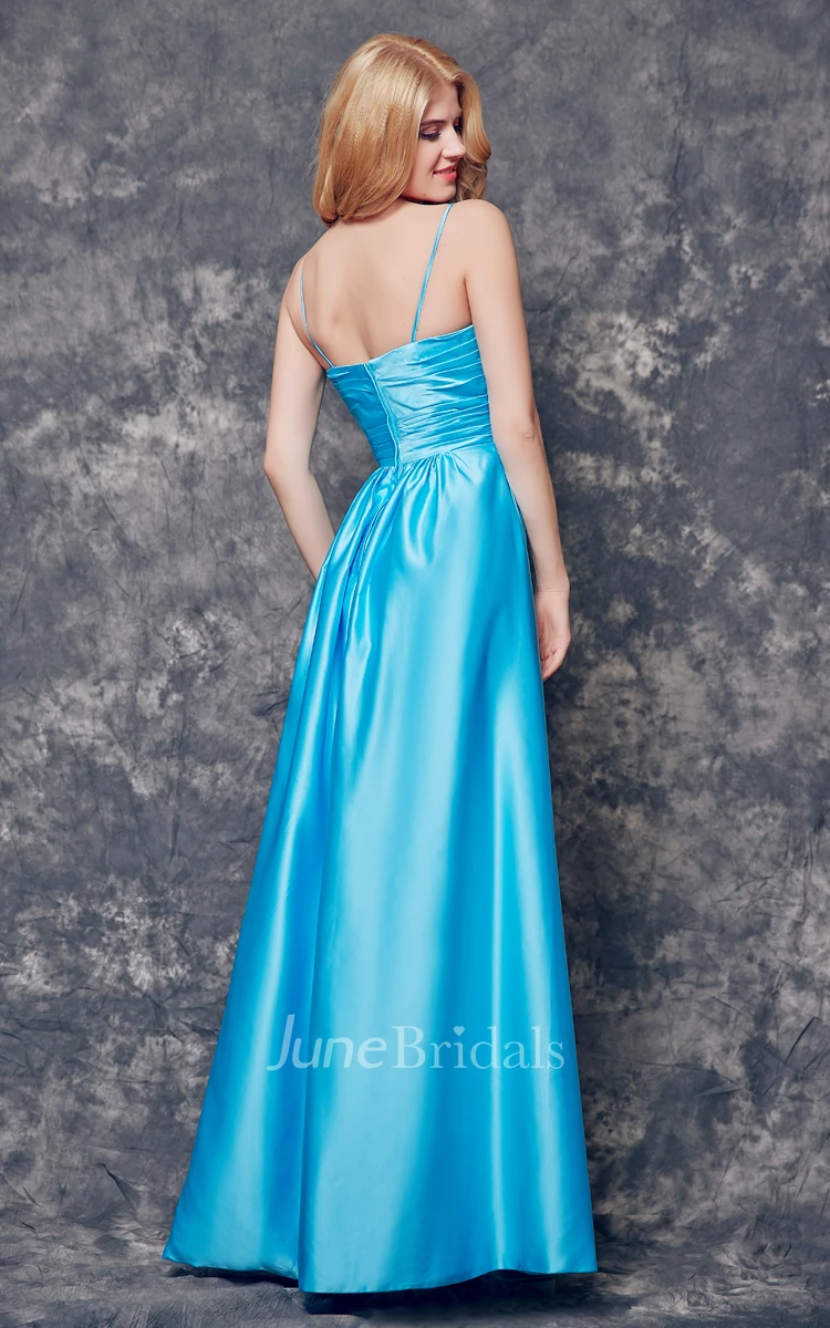 Ruched Waist Long Satin Dress With Spaghetti Straps