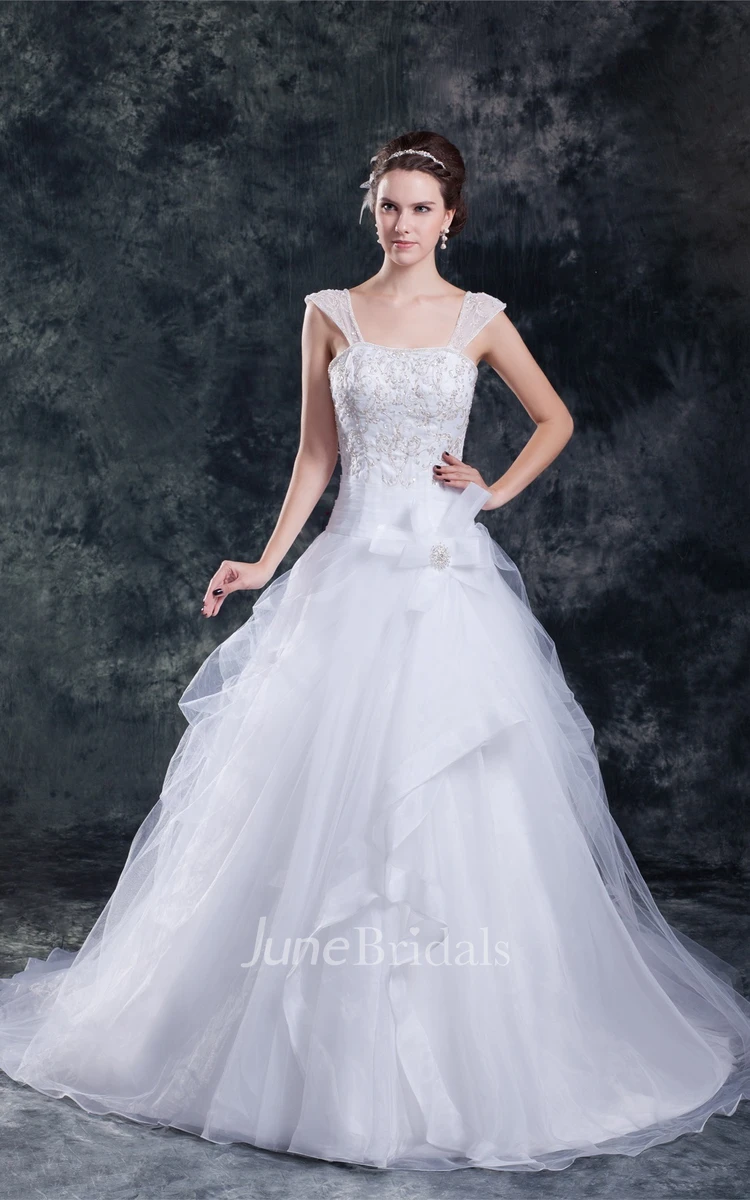 Caped-Sleeve Tulle A-Line Ball Gown with Beading and Embroideries