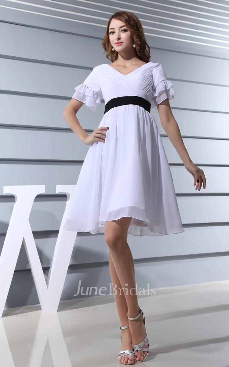V-Neck Short-Sleeve Chiffon Dress With Criss-Cross Ruching