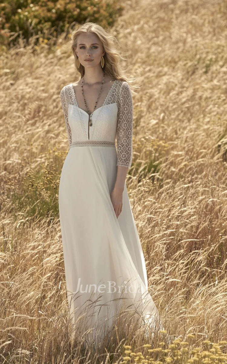 3/4 Sleeve Chiffon Elegant Wedding Dress With Lace Top And Keyhole Back