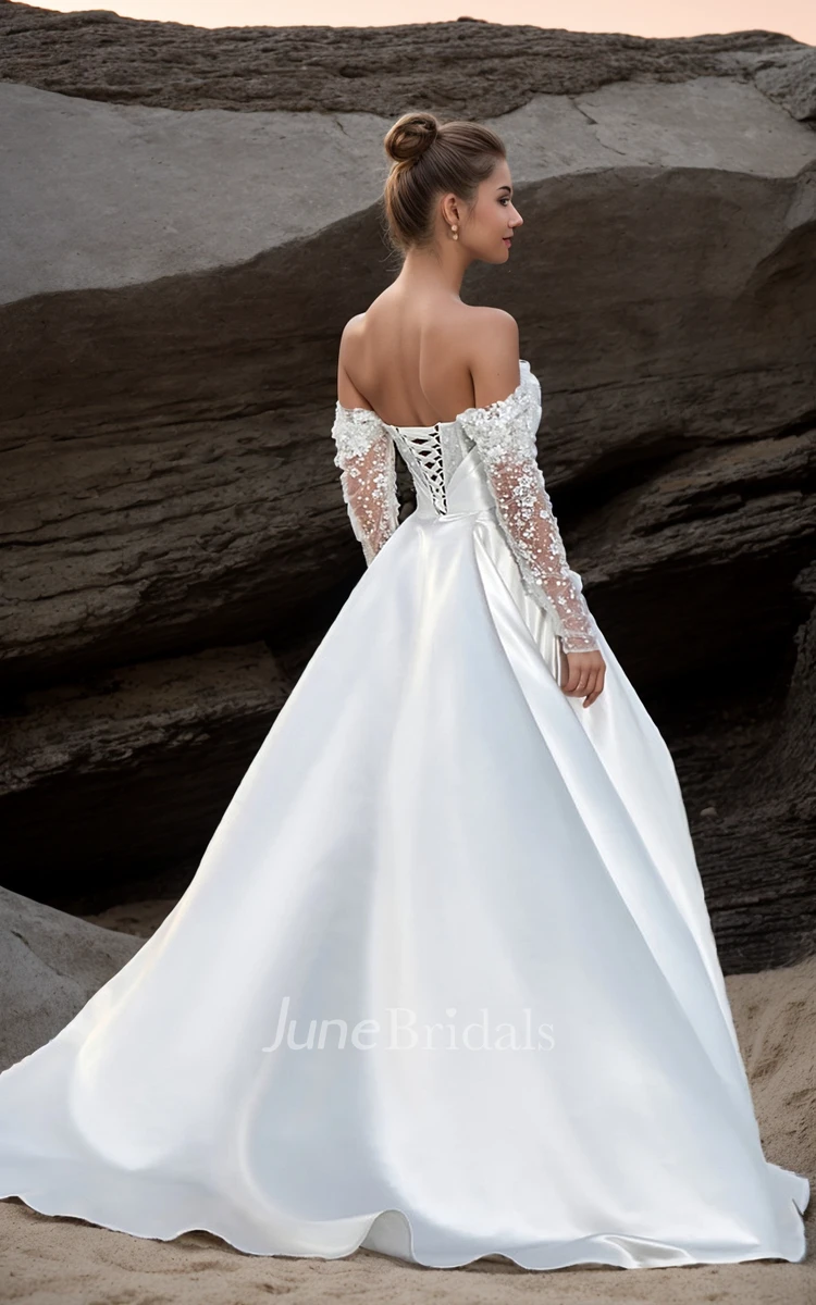 Princess Beach Off the Shoulder Long Sleeve Ball-Gown Wedding Dress Romantic Sparkly Sequins Ruching Corset Satin Bridal Gown