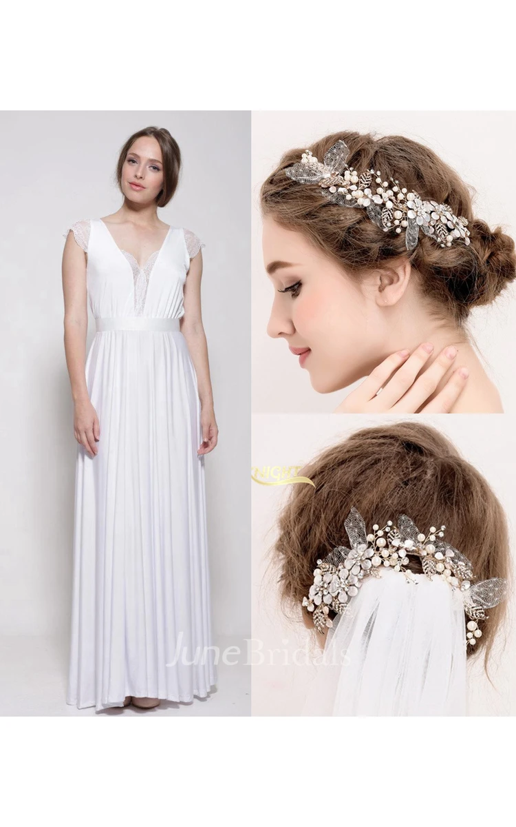 Floor-Length Bell Sleeve Lace Weddig Dress and Chic Handmade Pearl Rhinestone Flower White Yarn Flower Hairpin