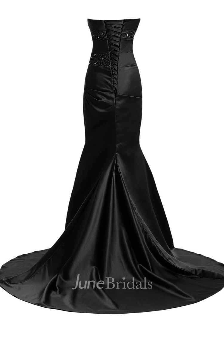 Strapless Satin Mermaid Gown With Beadings and Ruching
