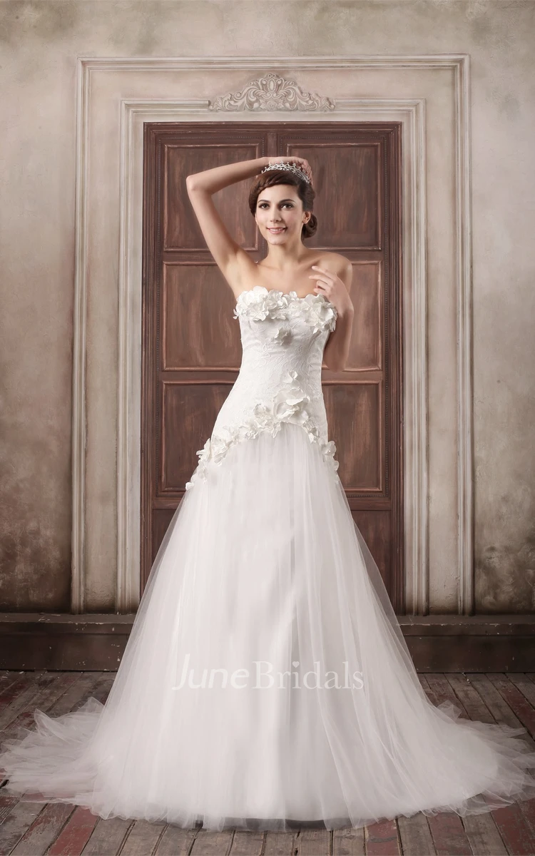 floral a-line strapless dress with tulle overlay and lace