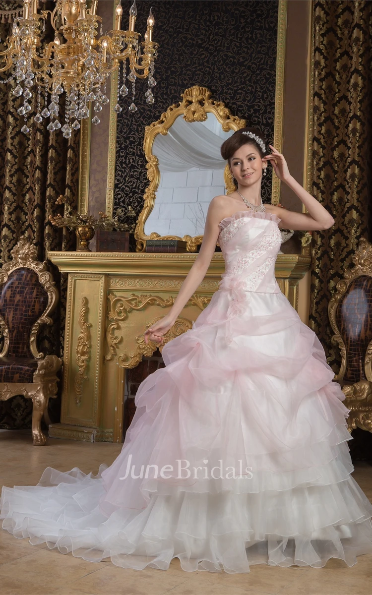 Strapless Ruffled A-Line Ball Gown with Beading and Tiers