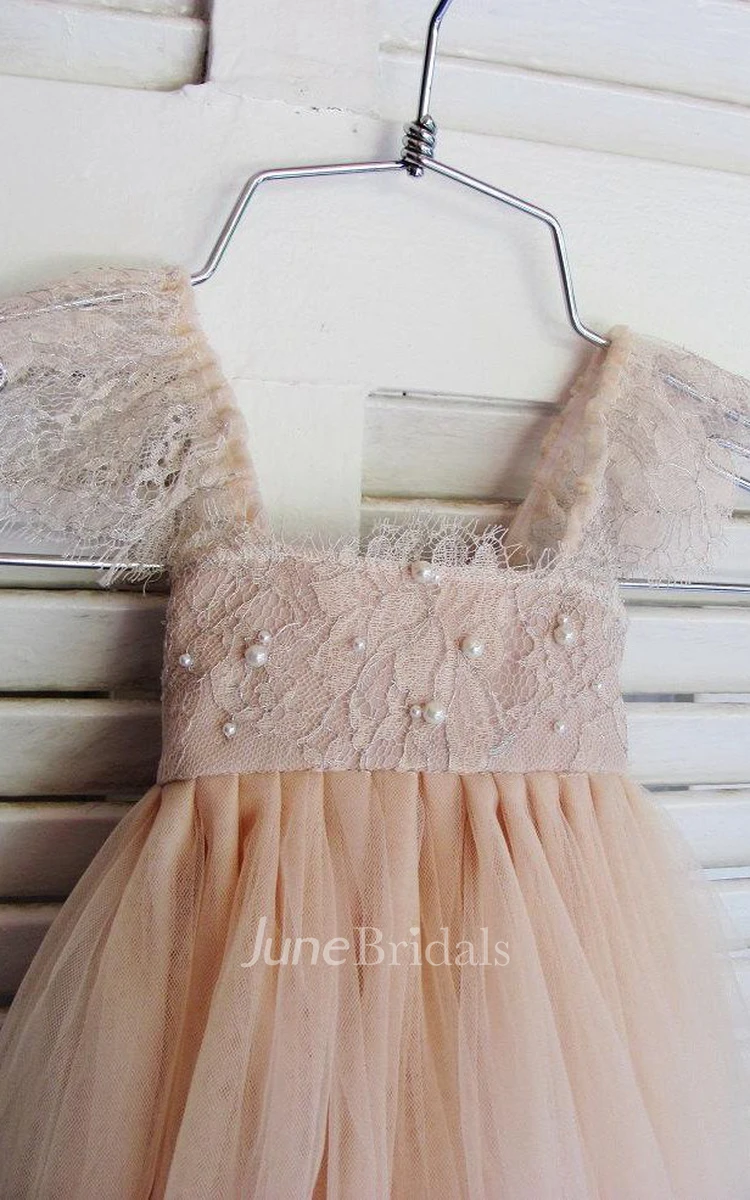 Tulle&Lace Dress With Cap Sleeve and Pleats