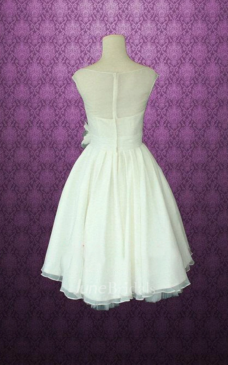 Jewel Sleeveless Knee-Length Chiffon Wedding Dress With Sash And Flower