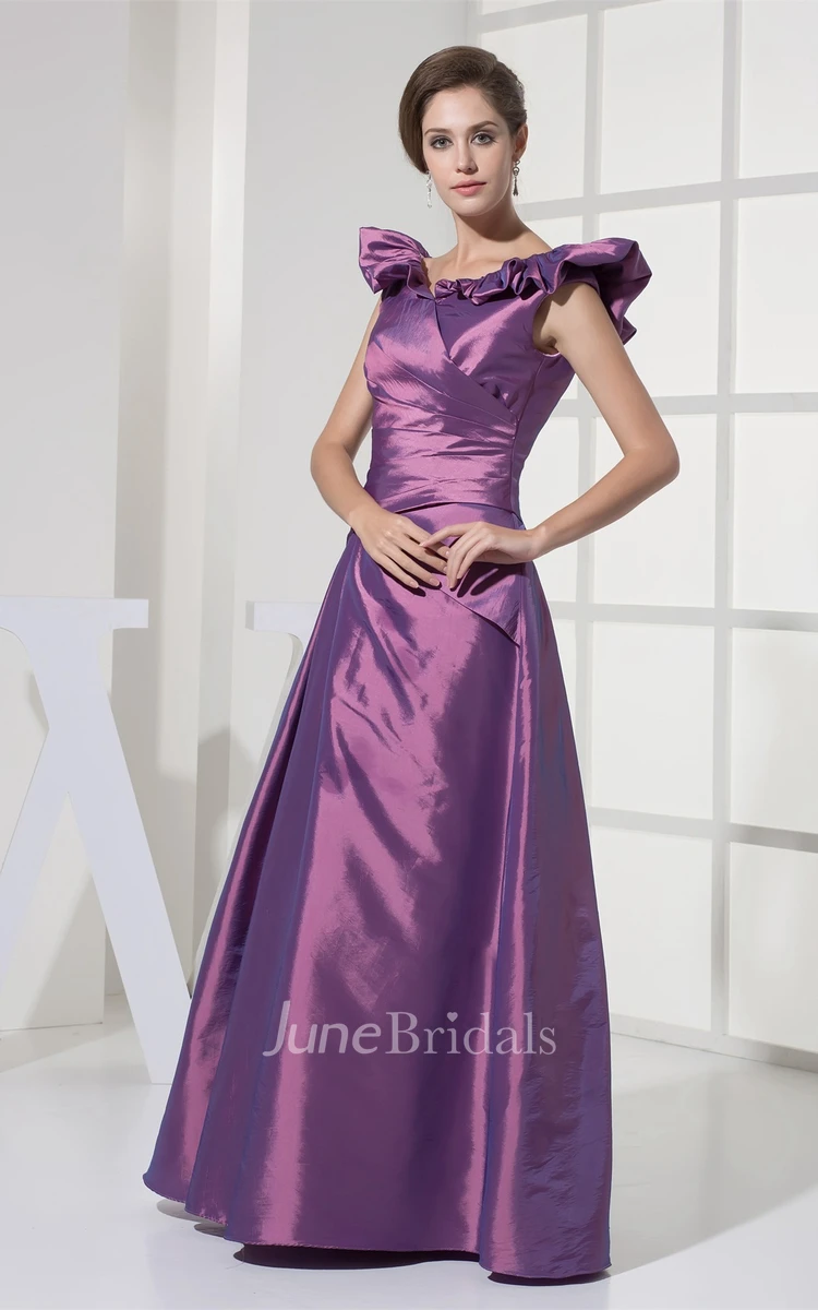 Satin A-Line Draped Gown with Ruffled V Neckline