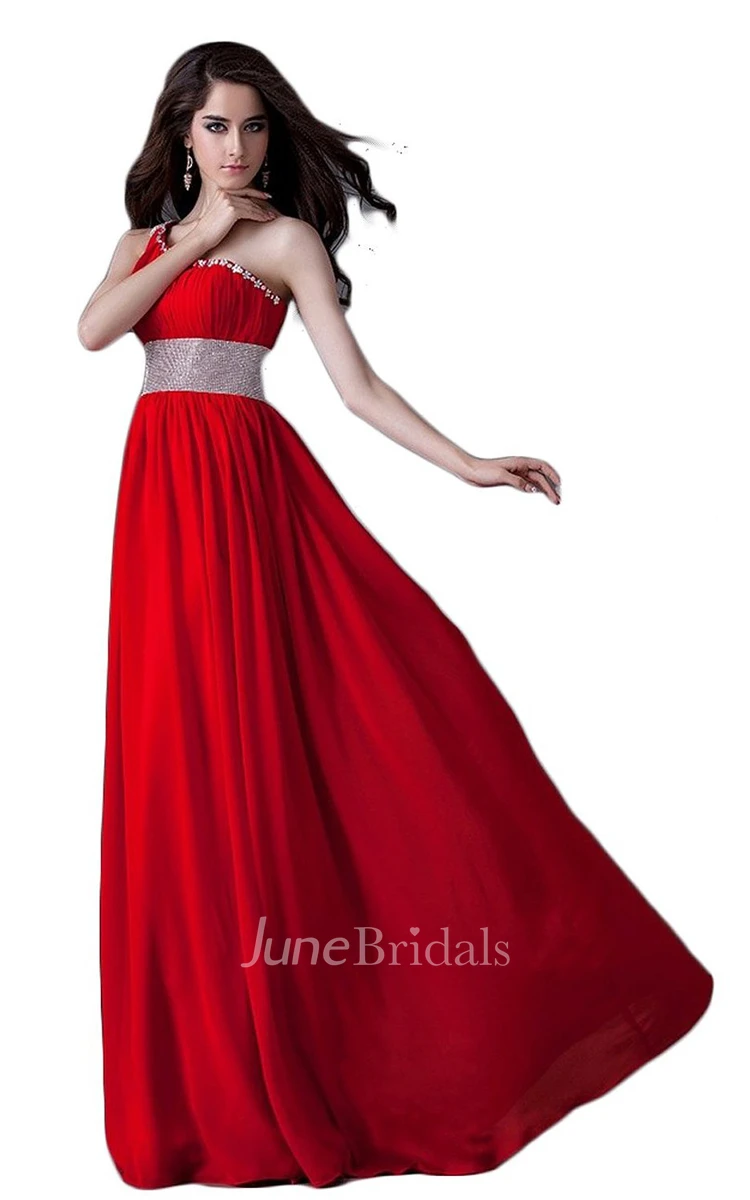 One-shoulder Pleated Chiffon A-line Gown With Beaded Band