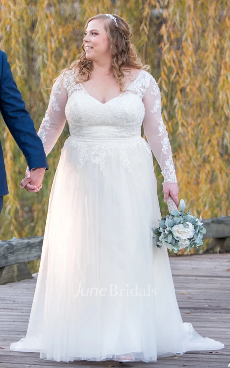 Elegant Plus Size Boho Wedding Dress Long Sleeve Lace A-Line