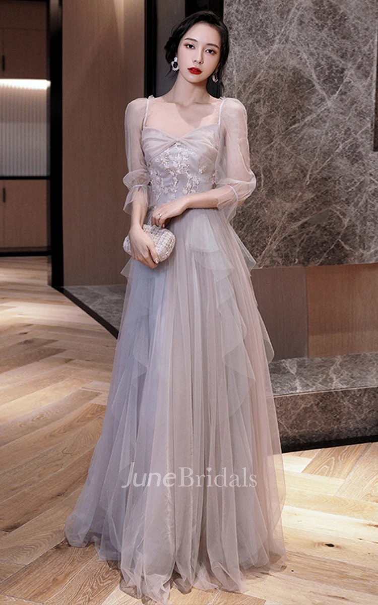 Romantic Tulle Off-the-shoulder V-neck A Line Formal Dress With Appliques and Ruffles