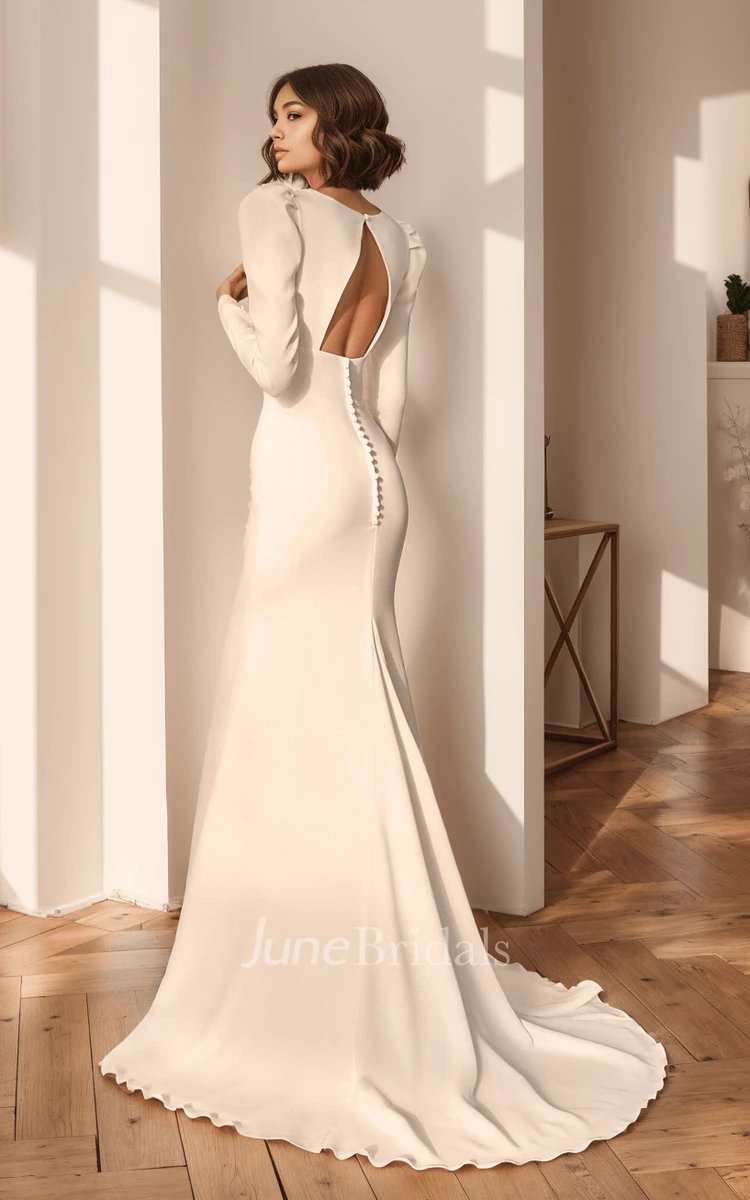 Solid Mermaid V-neck Satin Wedding Dress with Sweep Train Vintage Long Sleeve Button Back Bridal Gown