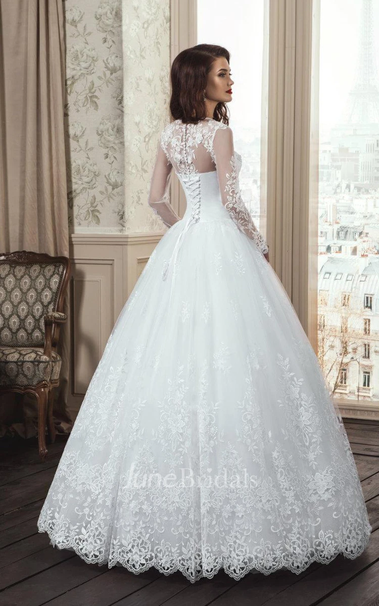 A-Line Long Sleeve Tulle Lace Dress With Flower Illusion Lace-Up Back
