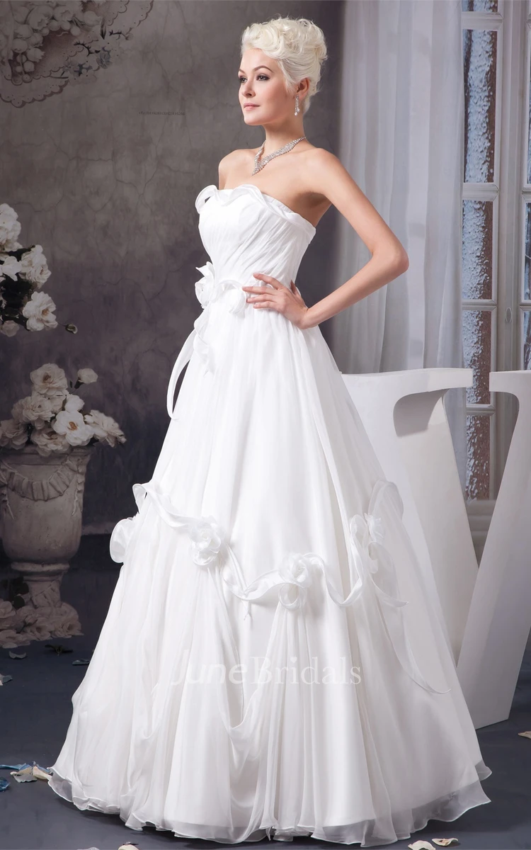 Strapless Ruched A-Line Gown with Flower and Bow