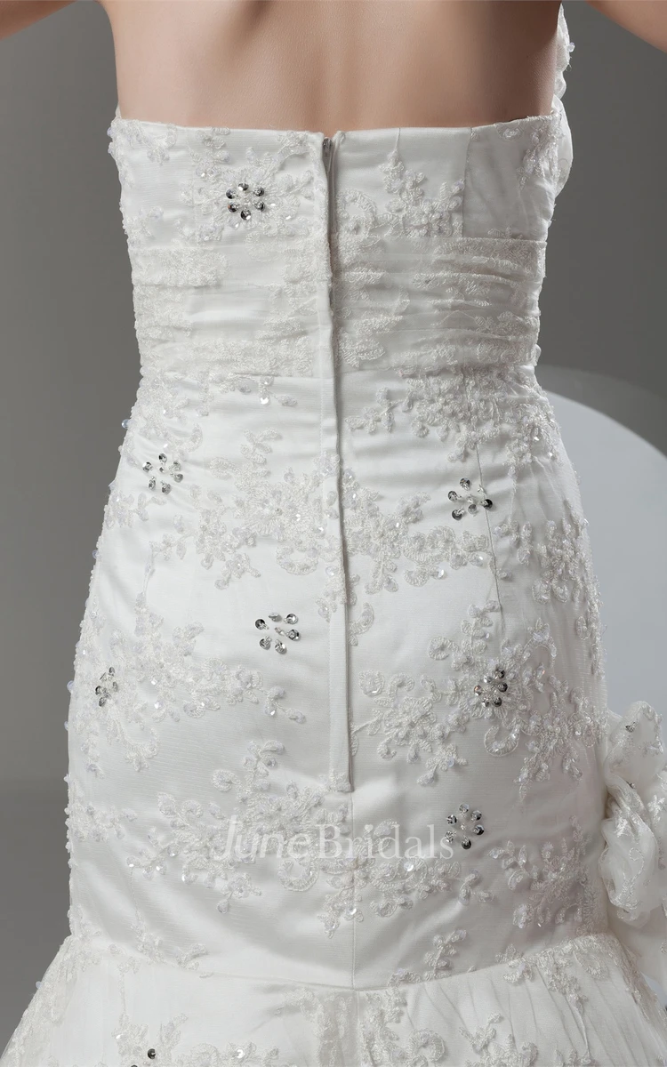 Strapless Lace Floor-Length Dress with Flower and Beading