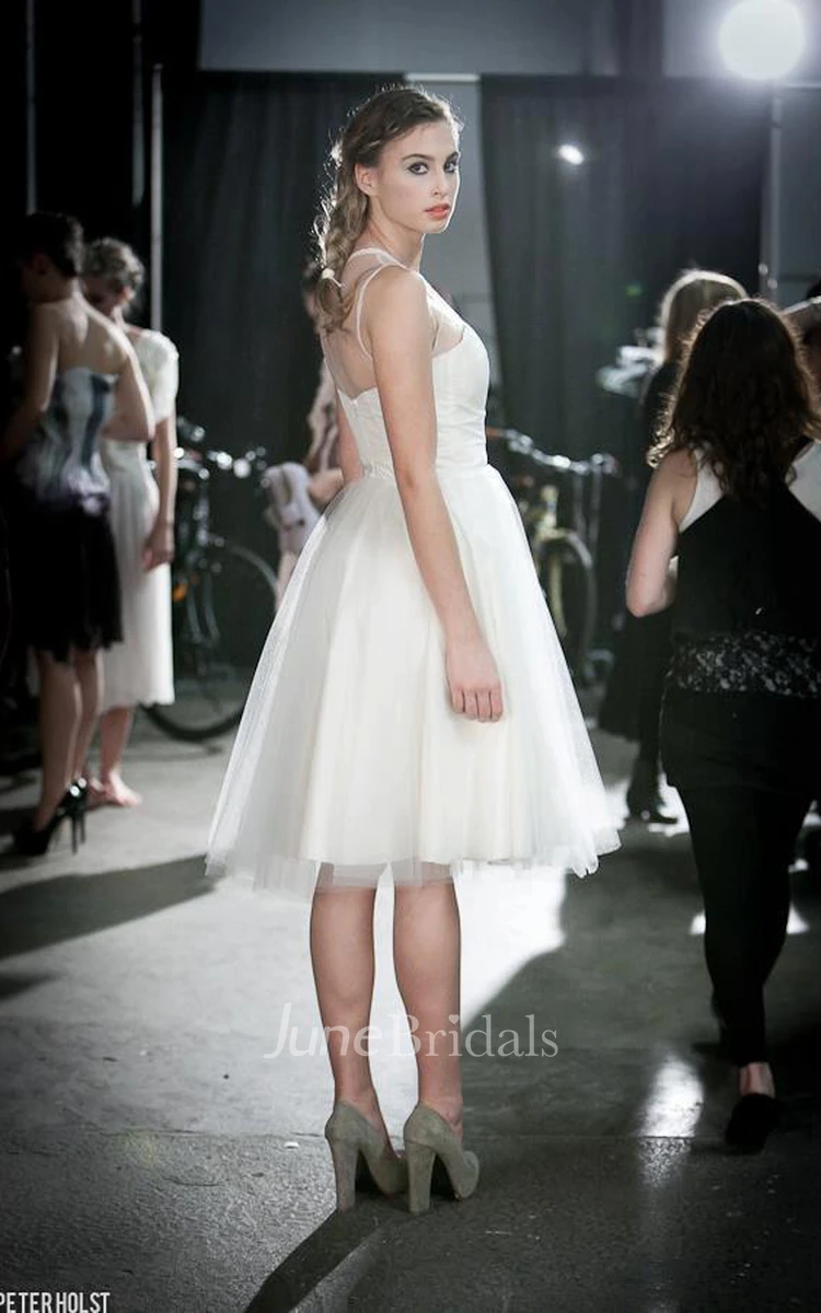 Short Strapped Tulle Lace Weddig Dress With Illusion