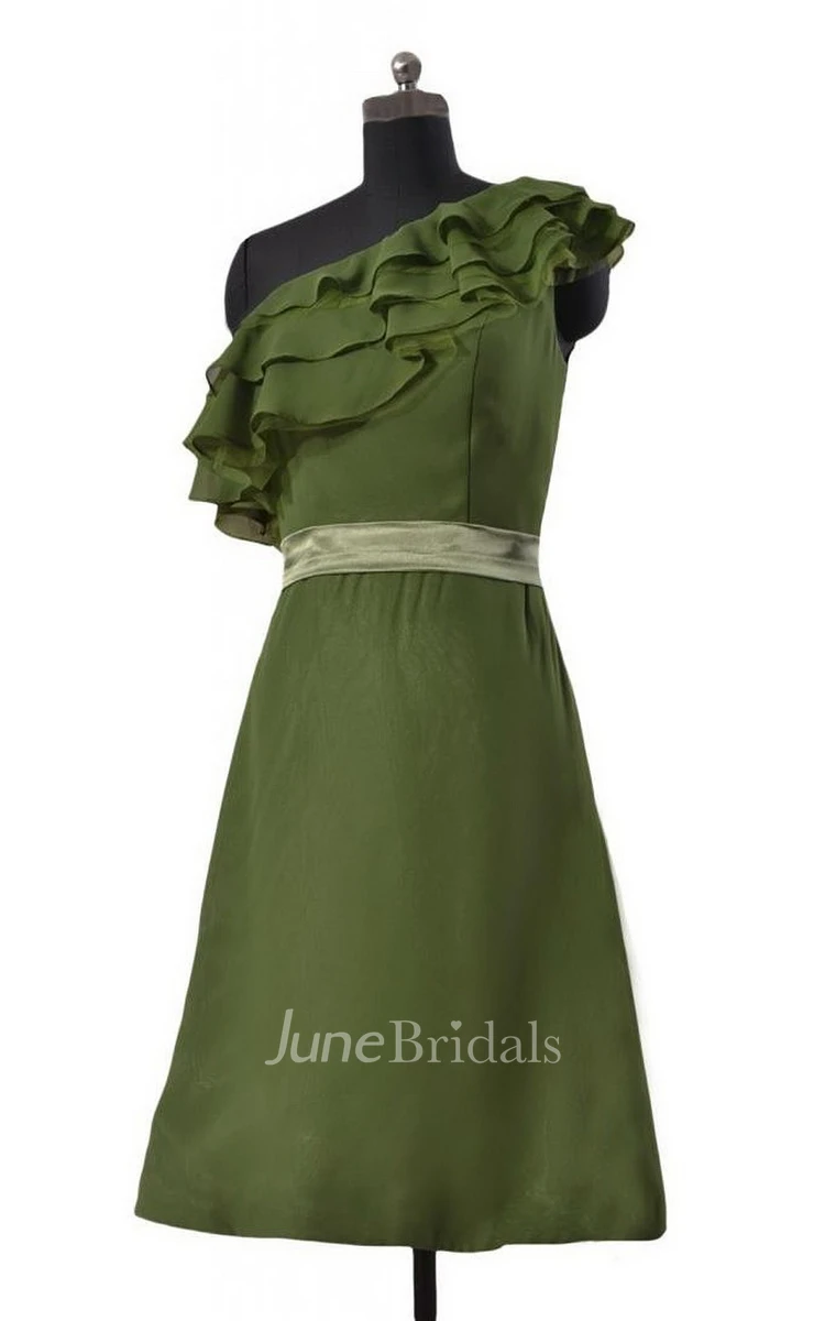 One-shoulder Tiered Chiffon Short Dress With Satin Band