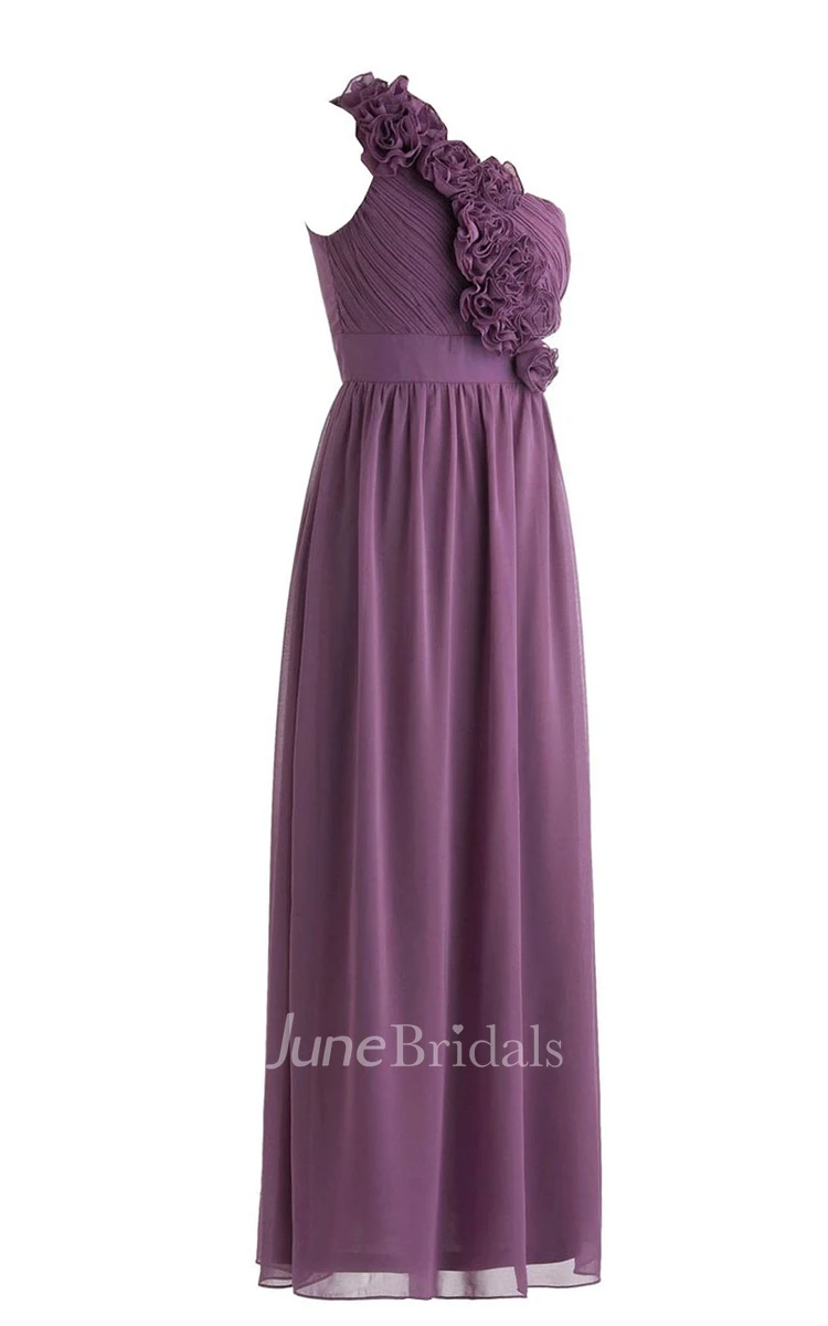 One-shoulder Pleated Chiffon A-line Gown With Flowers