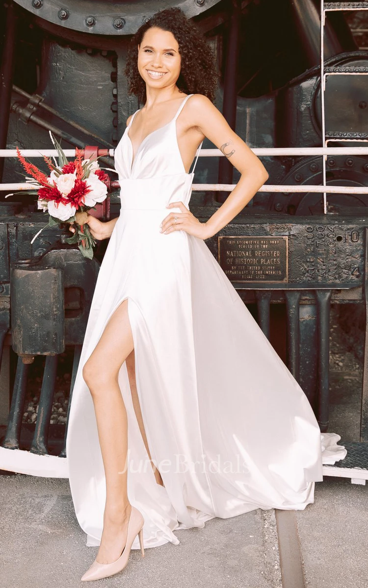 Satin A-Line Plunging Neckline Elegant Wedding Dress With Open Back And Split Front
