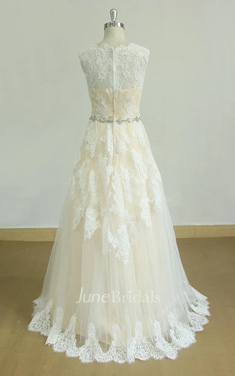 A-Line Tulle Lace Satin Dress With Beading Sash Ribbon