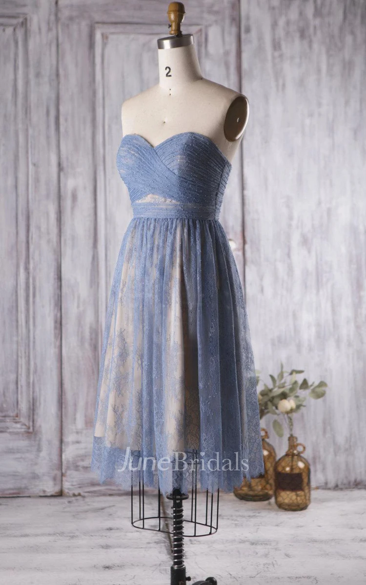 Backless Sweetheart A-line Pleated Lace Knee Length Dress