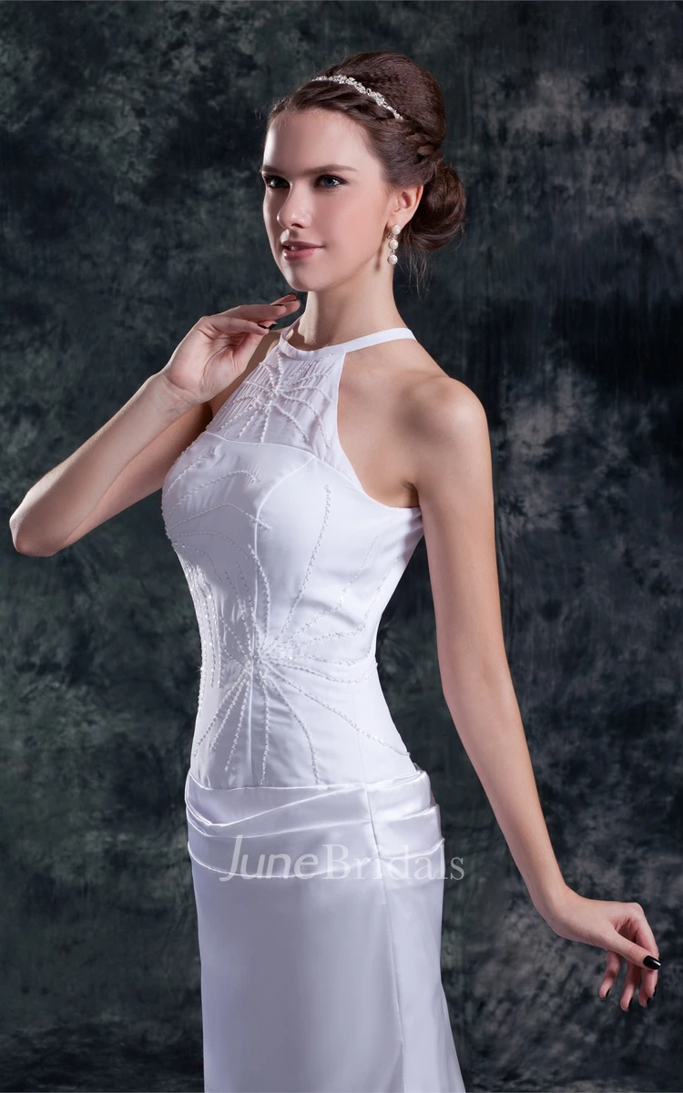 high-neck satin mermaid sleeveless dress with keyhole back and beading