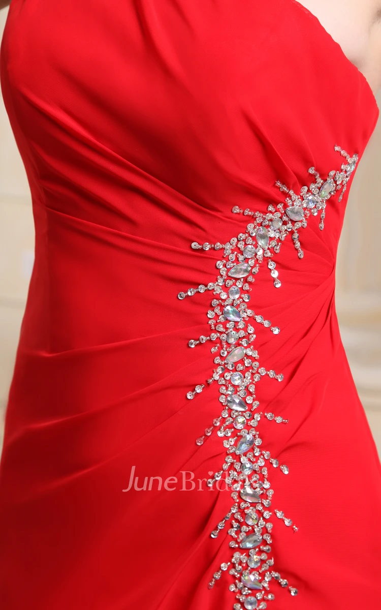 One-Shoulder Front-Split Chiffon Dress With Beading
