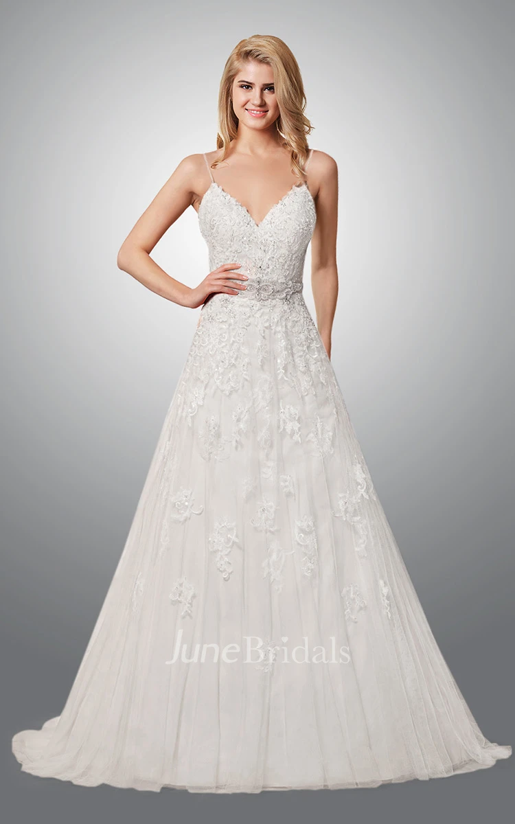 Exquisite Spaghetti Strap Lace Wedding Dress With Open Back
