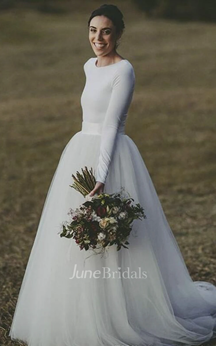 Elegant Long Sleeve Fitted Modest Jersey And Tulle Wedding Dress