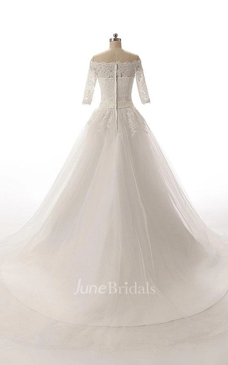 Ball Gown Half Sleeve Tulle Dress With Appliques And Waist Jewellery