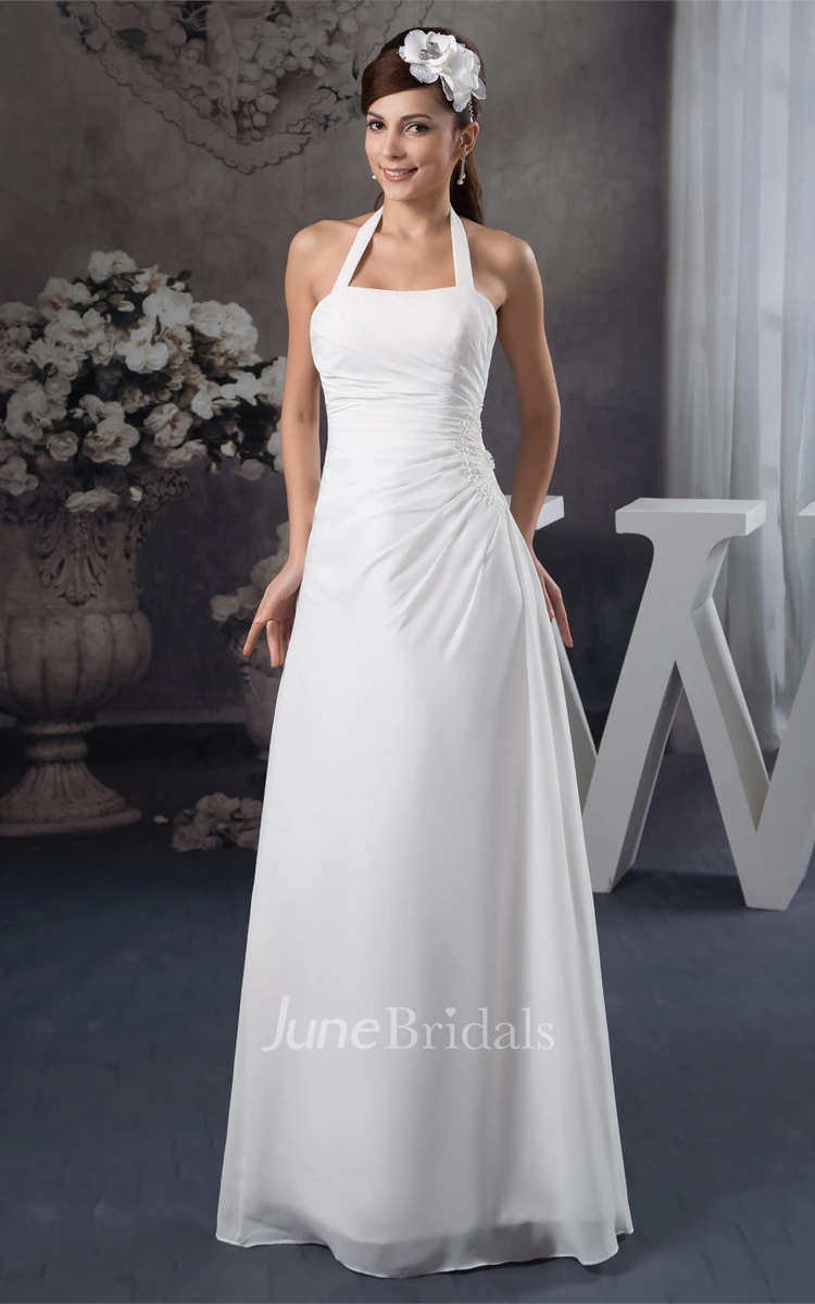 Chiffon Side-Draped A-Line Maxi Dress with Appliques and Halter