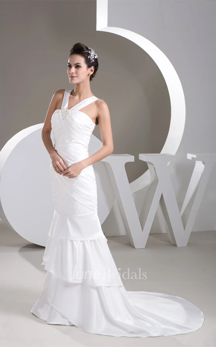 Sleeveless Column Gown with Broach and Ruched Bodice