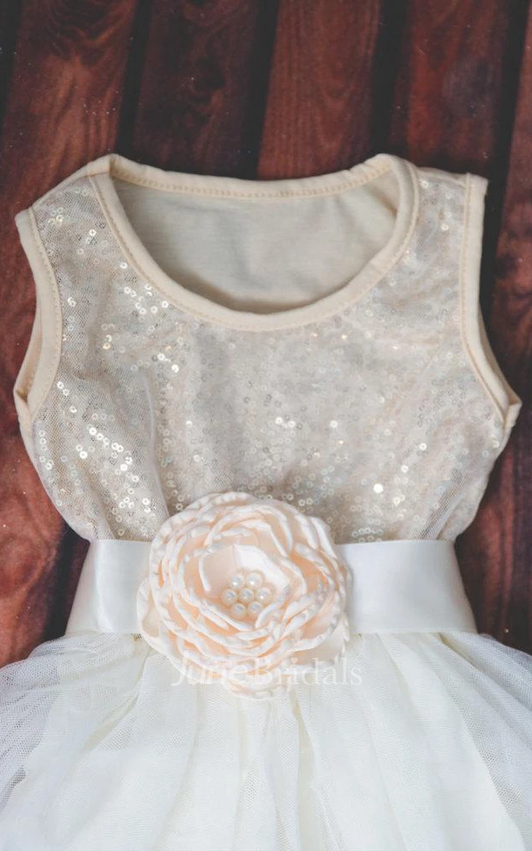 Strapless Tulle Dress With Sequins&Flower Belt