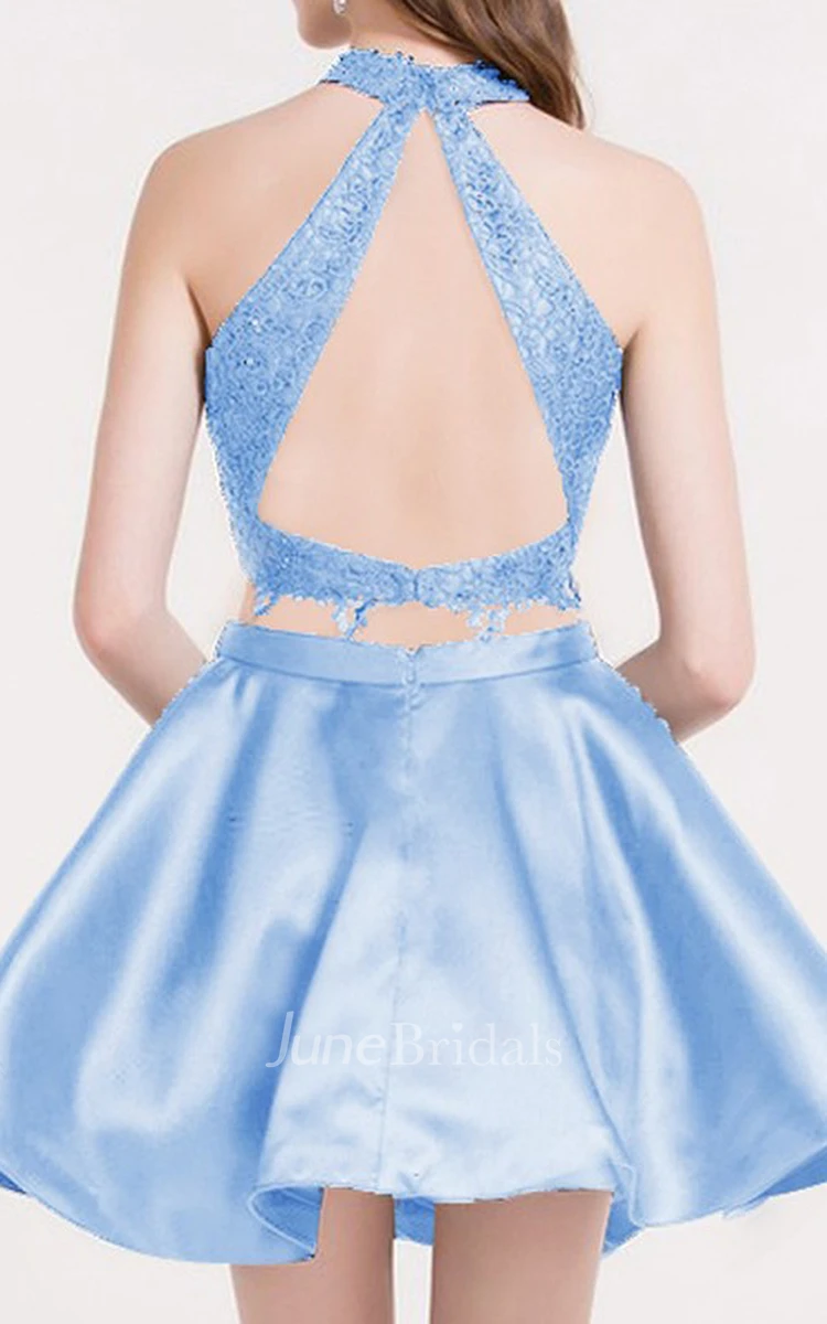 A-line Two Piece Halter Sleeveless Lace Ruching Tiers Short Mini Satin Lace Homecoming Dress