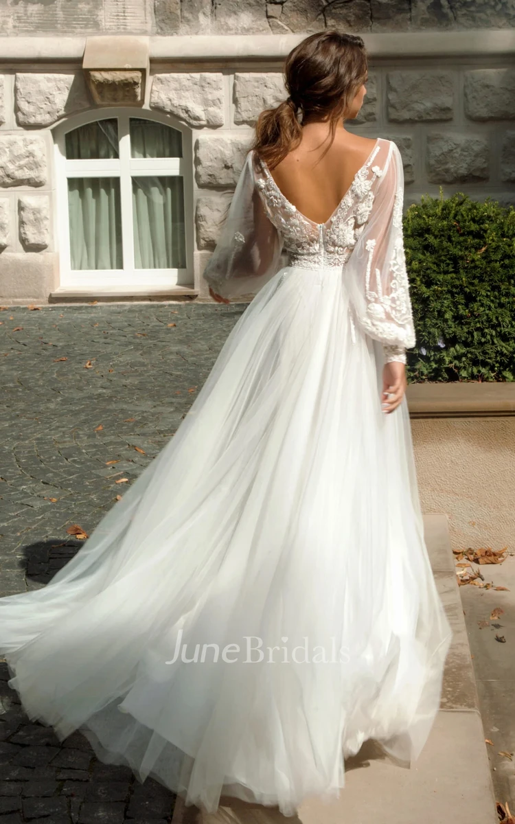 Bohemian A-Line V-neck Lace Wedding Dress With Zipper Back And Appliques