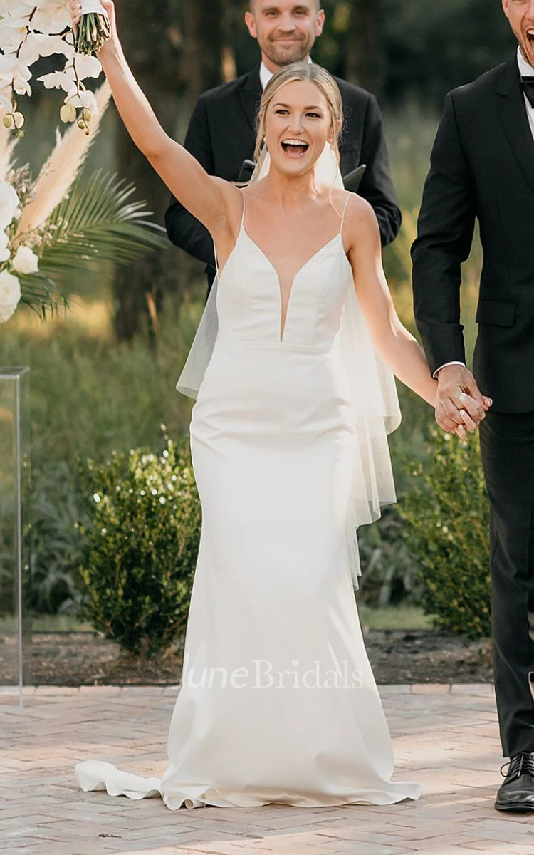 Sexy Plunging Neckline Sheath Satin Wedding Dress With Sweep Train