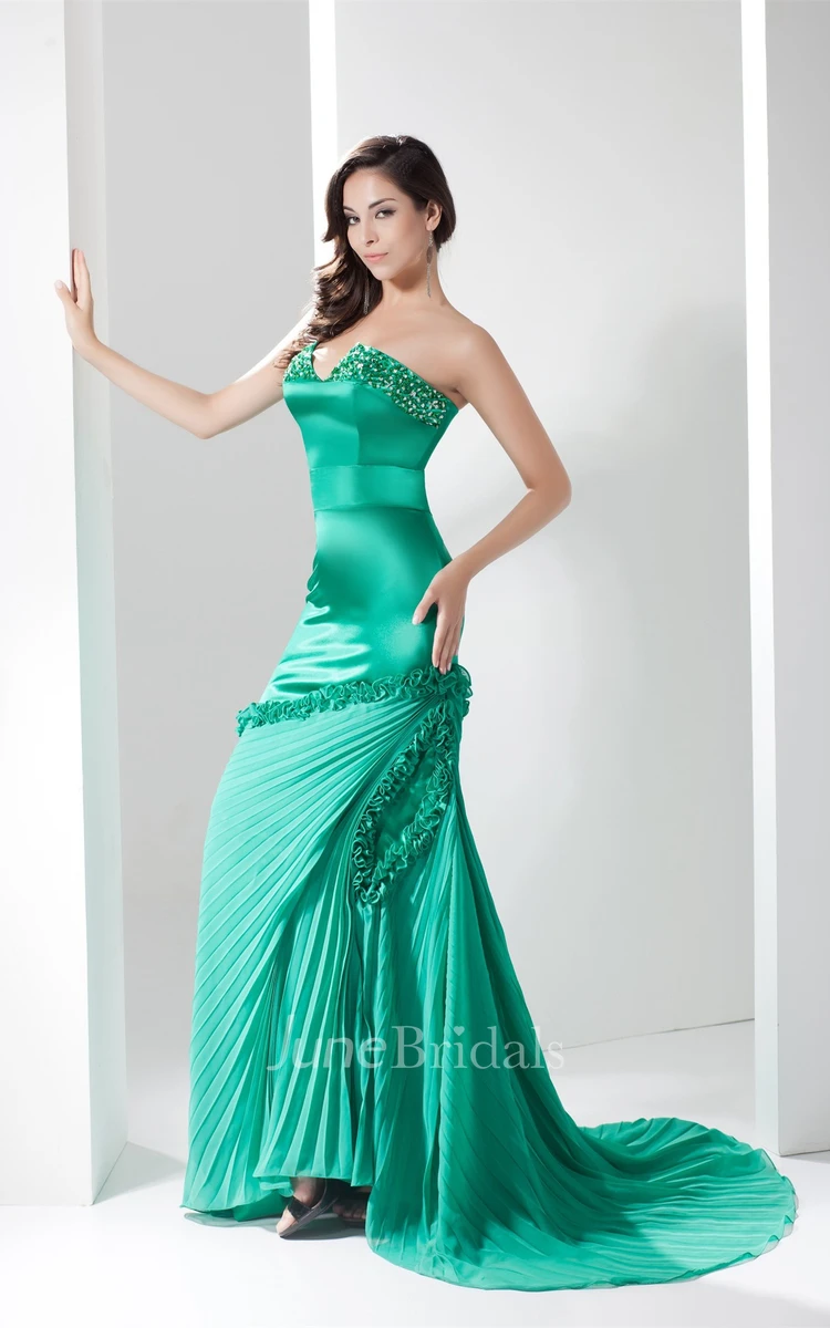 Strapless Notched Maxi Dress with Ruffles and Beading