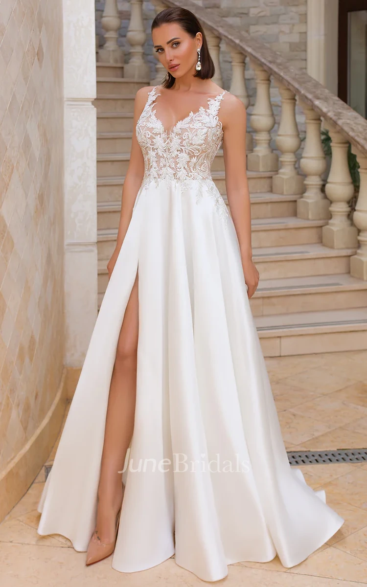 Elegant A Line Halter Satin Sweep Train Wedding Dress with Sleeveless Split Front June Bridals