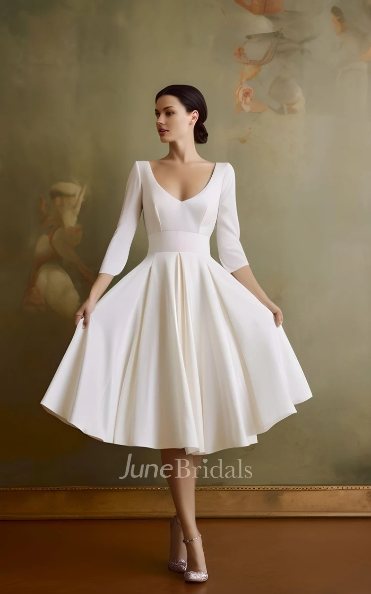Vintage A-Line V-neck Satin Knee-length Wedding Dress Beach Country Garden Court Simple Elegant Casual Sleeveless