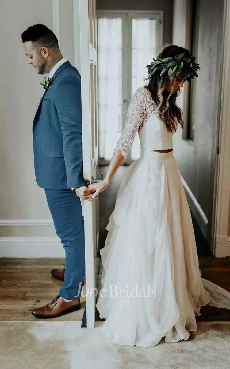 Two Piece V-neck Illusion 3-4 Length Sleeve Floor-length Lace Wedding Dress with Ruching Ruffles