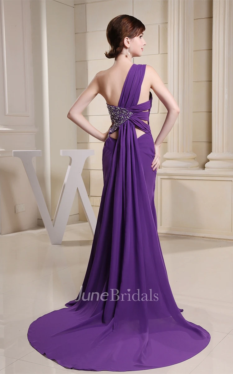 One-Shoulder Front-Split Long Dress with Ruching and Side Beading