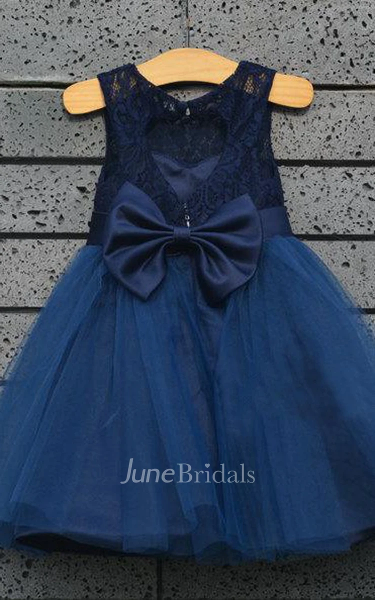 Tulle&Lace Dress With Satin Belt and Pleats