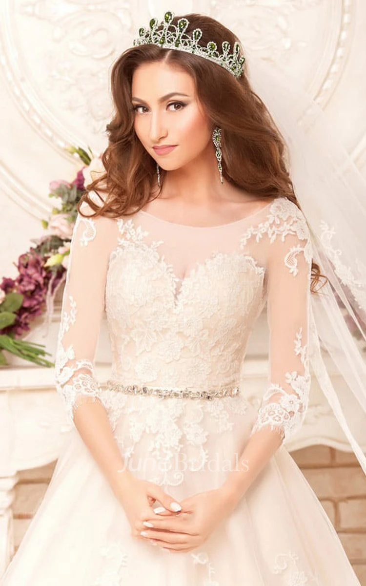 Ball Gown Long Scoop 3-4-Sleeve Illusion Lace Dress With Appliques And Waist Jewellery