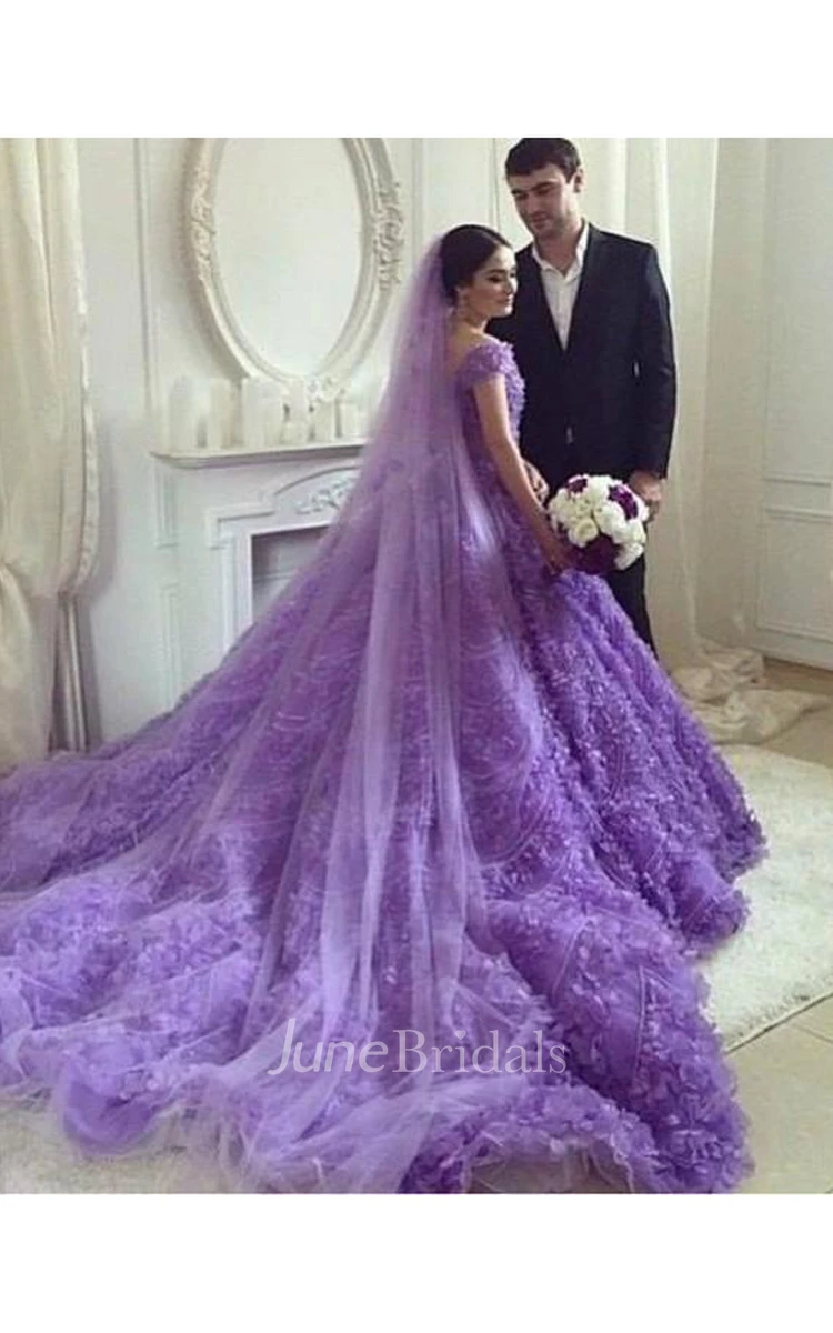 Glamorous Purple Off-the-shoulder Wedding Dress Long Train Flowers