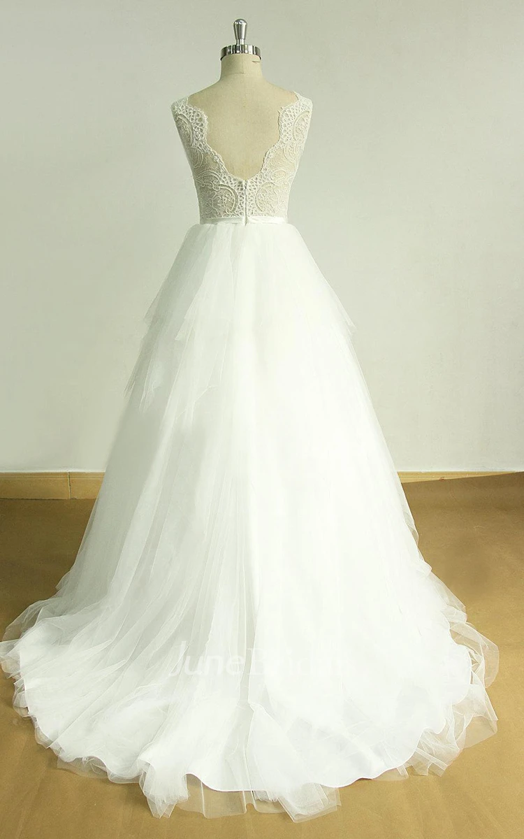 A-Line Tulle Lace Satin Weddig Dress With Ruffles