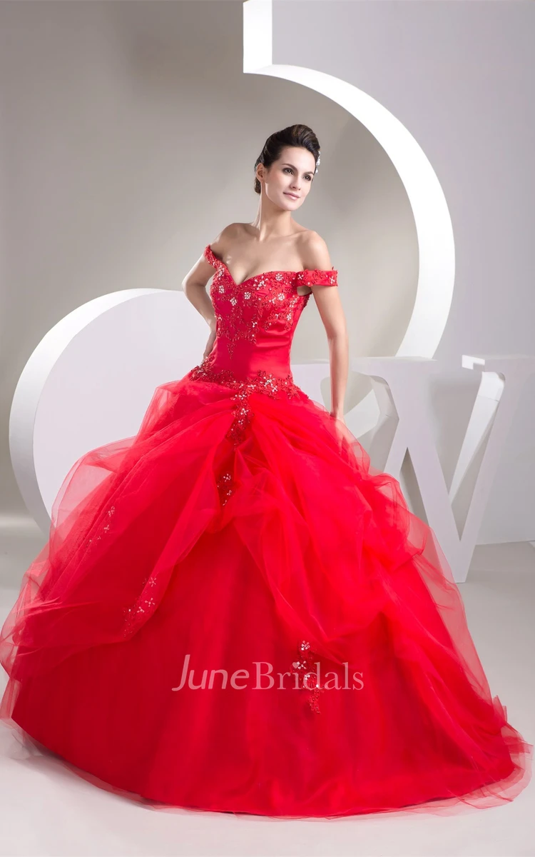 Off-The-Shoulder Ruffled Ball Gown with Appliques and Corset Back