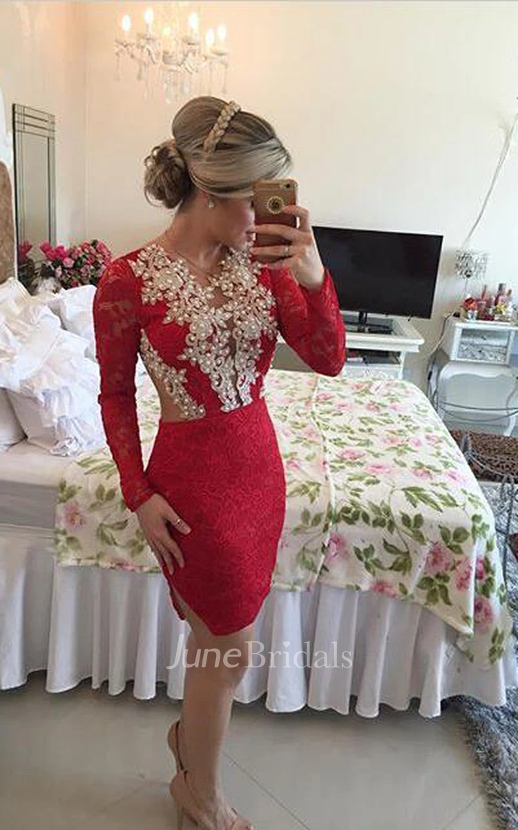 Sexy Long Sleeve Red Cocktail Dress Lace Beadings Short Prom Gowns