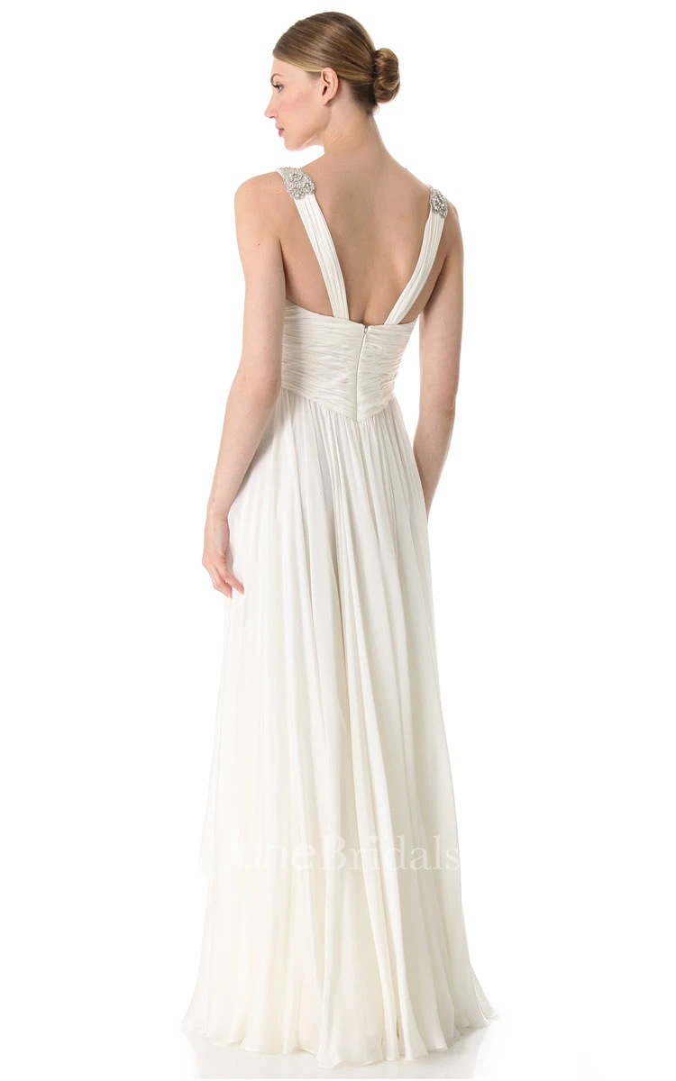 Deep-V Neckline Empire Chiffon Floor-length Dress With Broad Straps