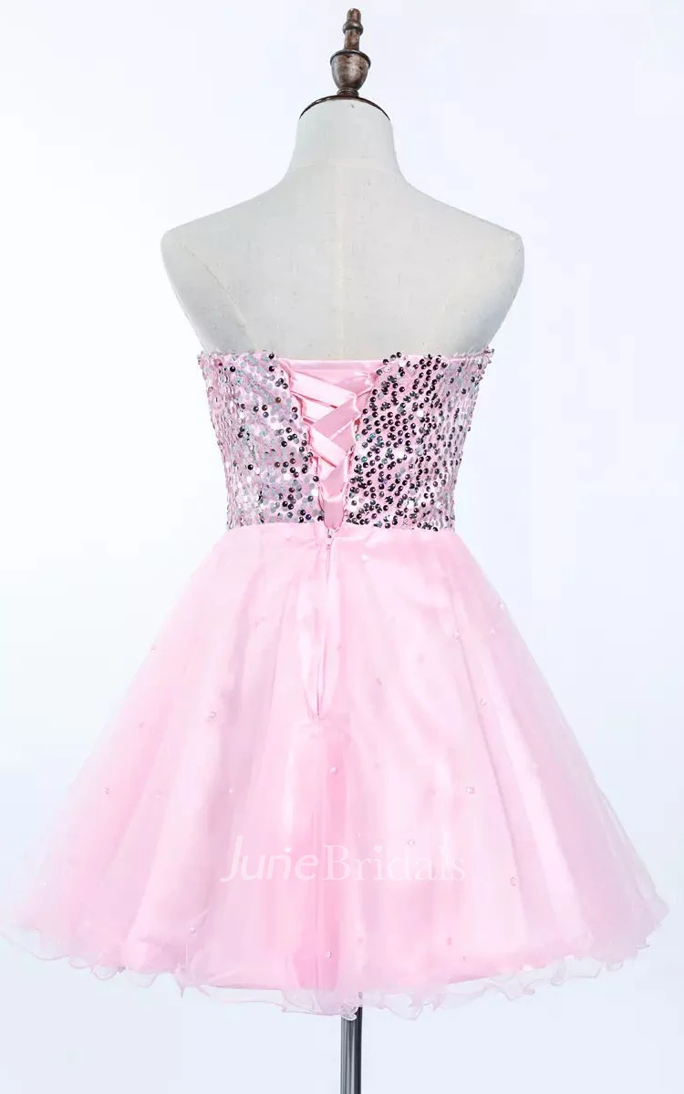 A-line Sweetheart Sleeveless Pleats Sequins Short Mini Tulle Sequins Homecoming Dress